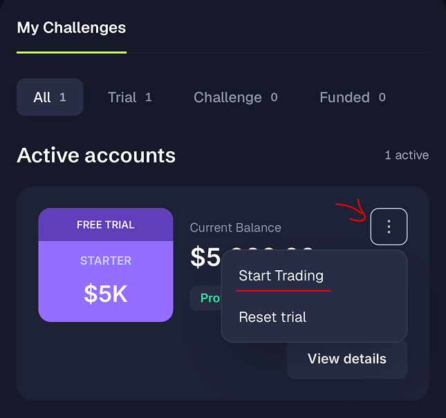 The account card in Polysetter with the ⋮ menu open and Start Trading highlighted