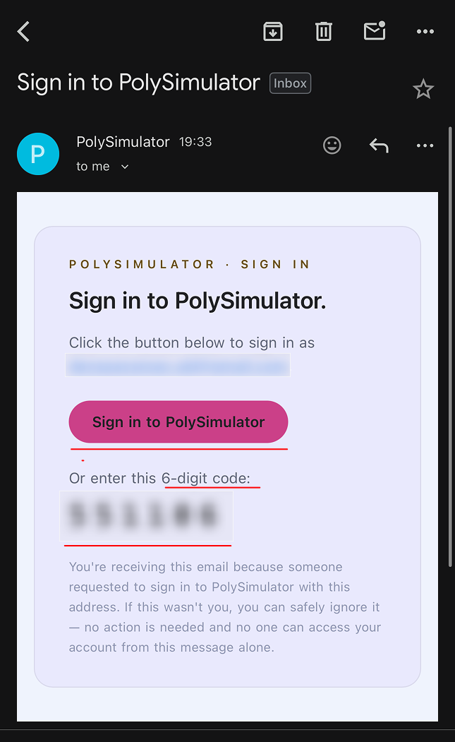 The email, with the pink button and the six-digit code visible