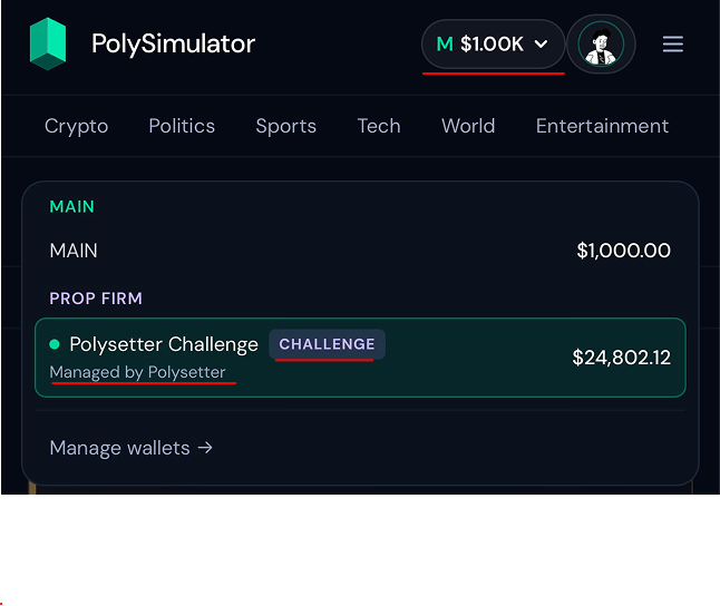 The account switcher open, PROP FIRM group with "Managed by Polysetter" highlighted